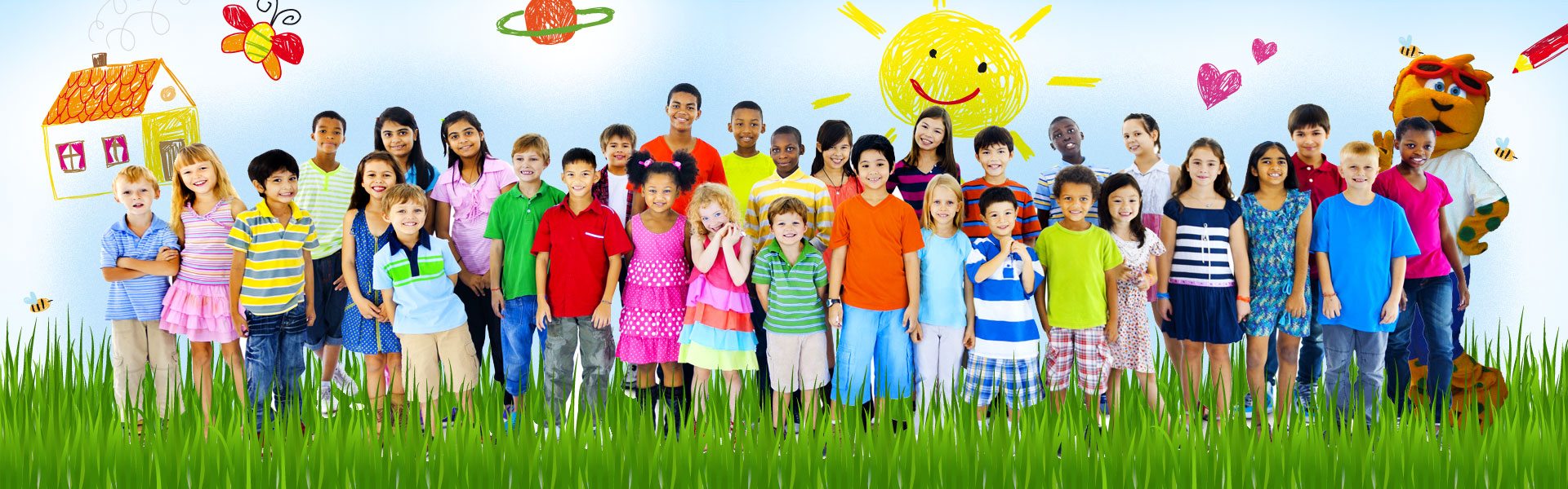 Photo d'un univers enfantin avec un groupe d'enfants et Basilou prennant la pose